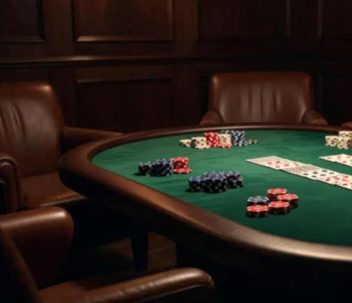 Večerní hostinský lounge s osvětleným pokerovým stolem a dřevěnými detaily interiéru