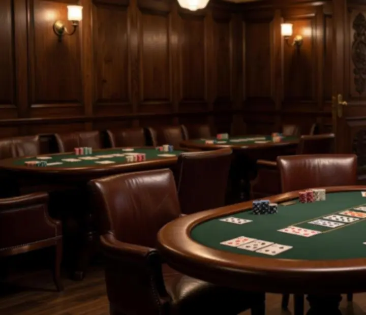 Poker lounge Hostinského Koutu se skutečnými pokerovými stoly a intimním večerním osvětlením
