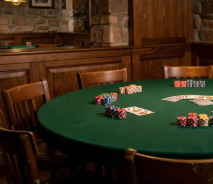 Stůl v karetním salonku s pokerovým stolem, kartami a žetony v útulném osvětlení