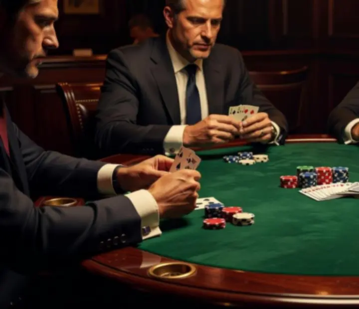 Detail skutečného pokerového stolu s kartami a žetony v karetním salonku Hostinského Koutu