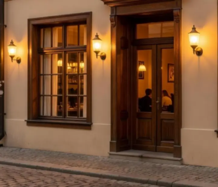 Večerní pohled na Hostinský Kout s teplým osvětlením a vstupem do restaurace